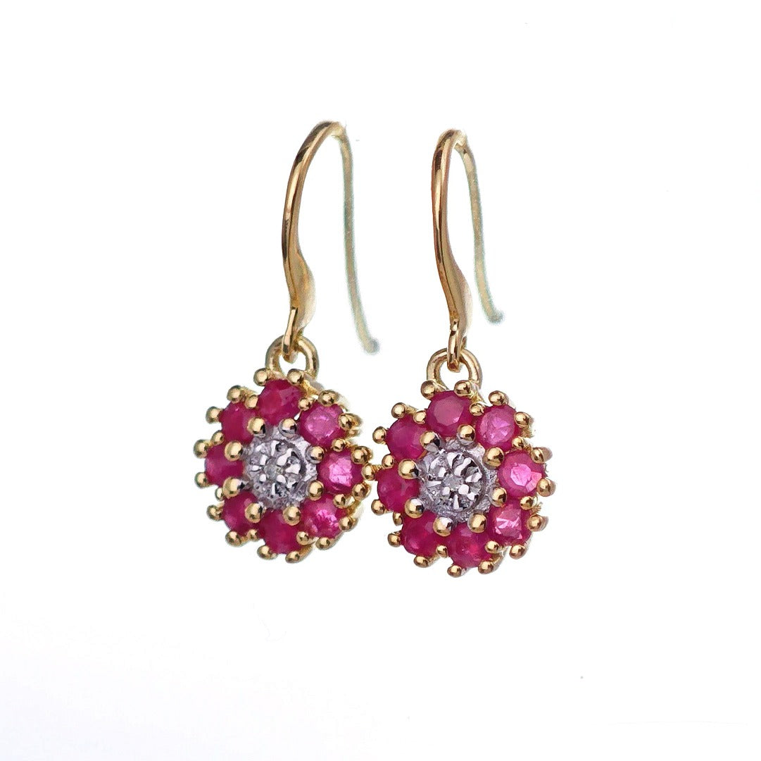 9ct Ruby Diamond Earrings Gold Hook Natural Red Gemstones 0.7ct