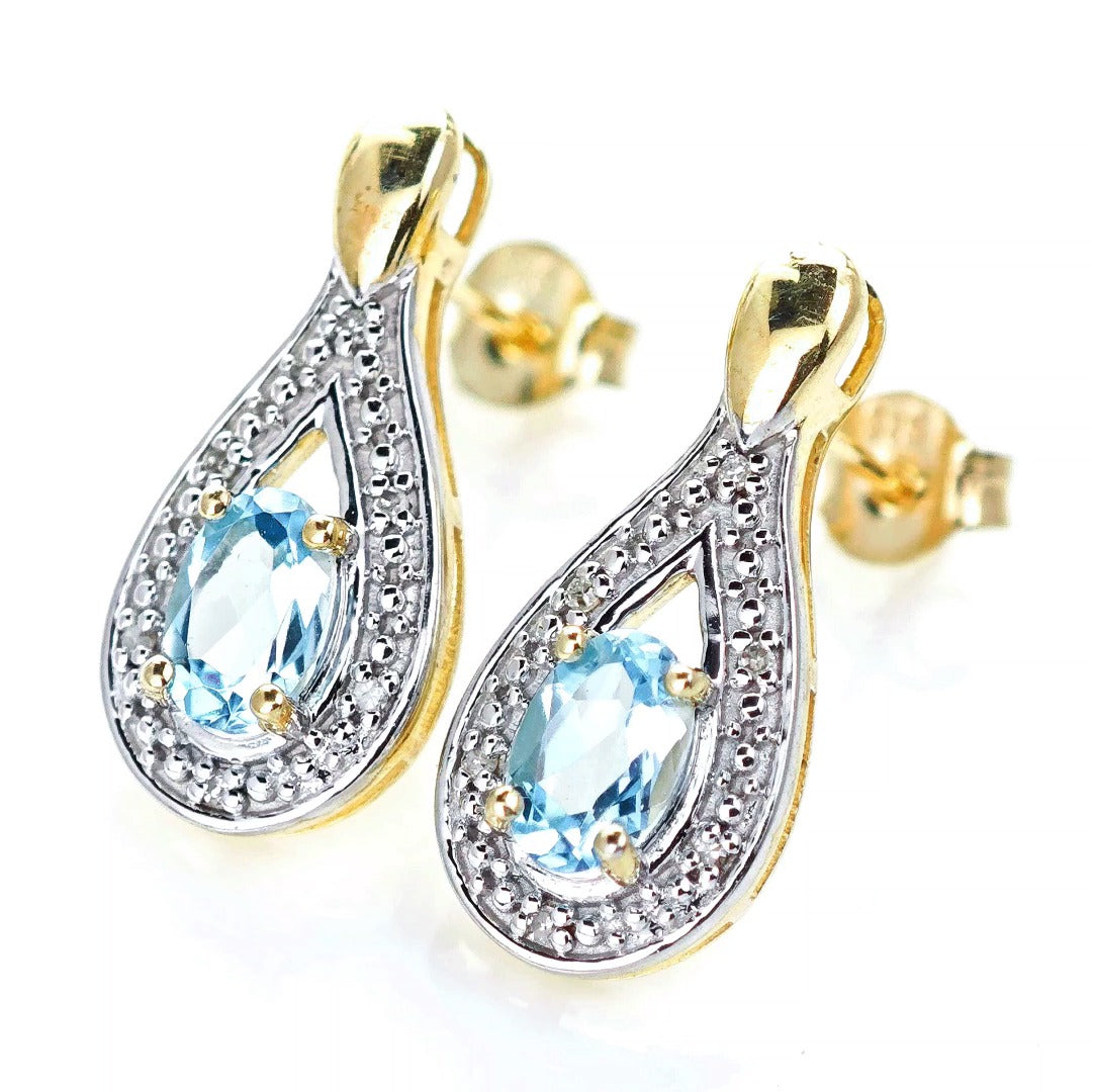 9ct Topaz Diamond Earrings Gold Studs Natural Swiss Blue Gemstones 0.94ct