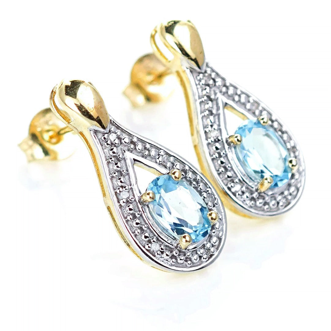 9ct Topaz Diamond Earrings Gold Studs Natural Swiss Blue Gemstones 0.94ct