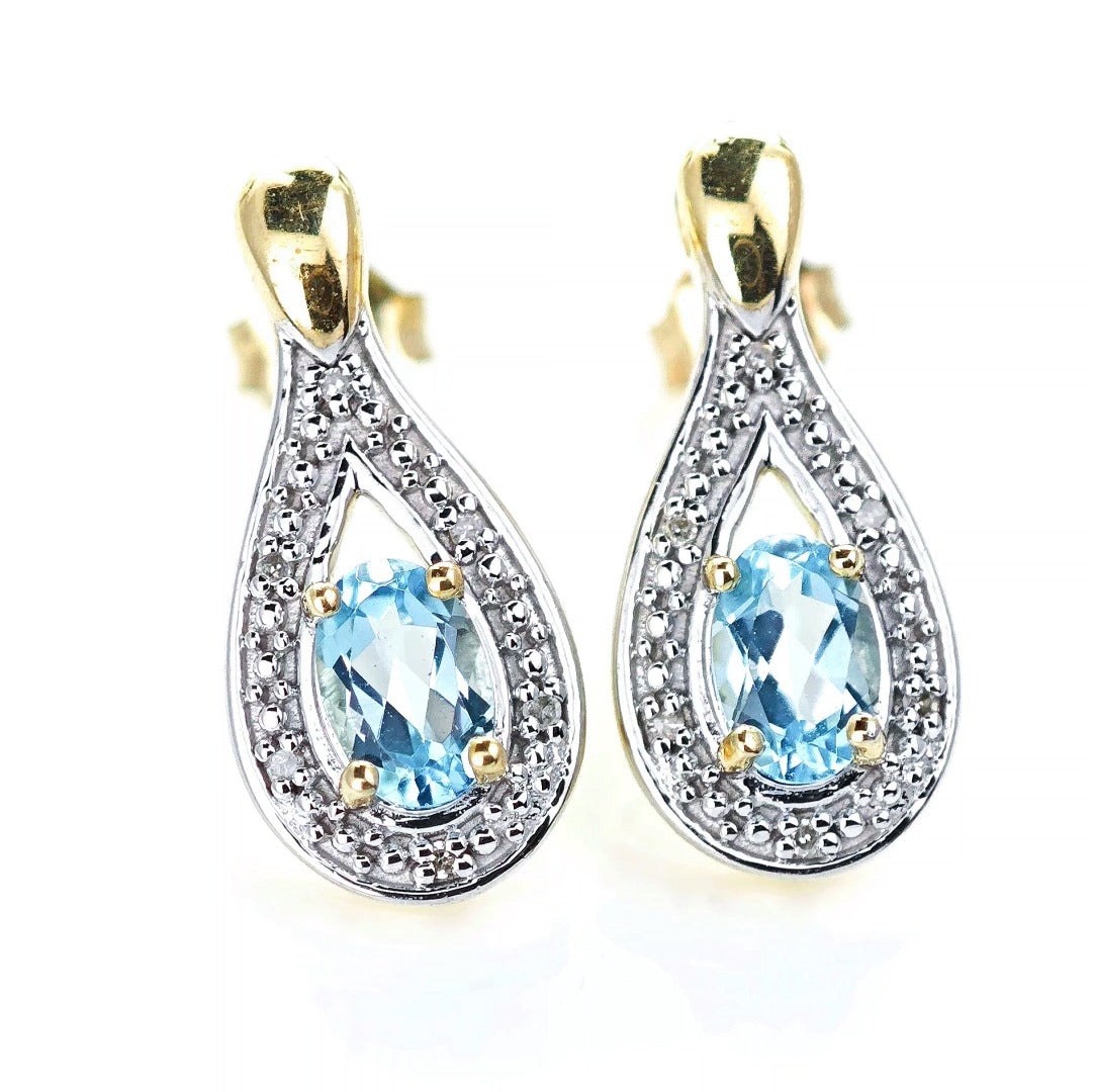 9ct Topaz Diamond Earrings Gold Studs Natural Swiss Blue Gemstones 0.94ct