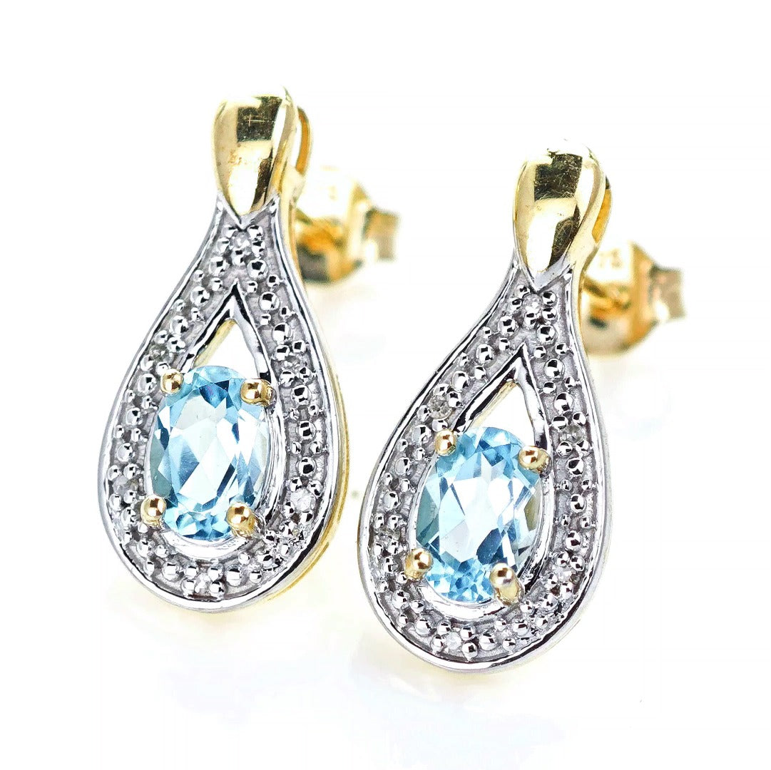 9ct Topaz Diamond Earrings Gold Studs Natural Swiss Blue Gemstones 0.94ct