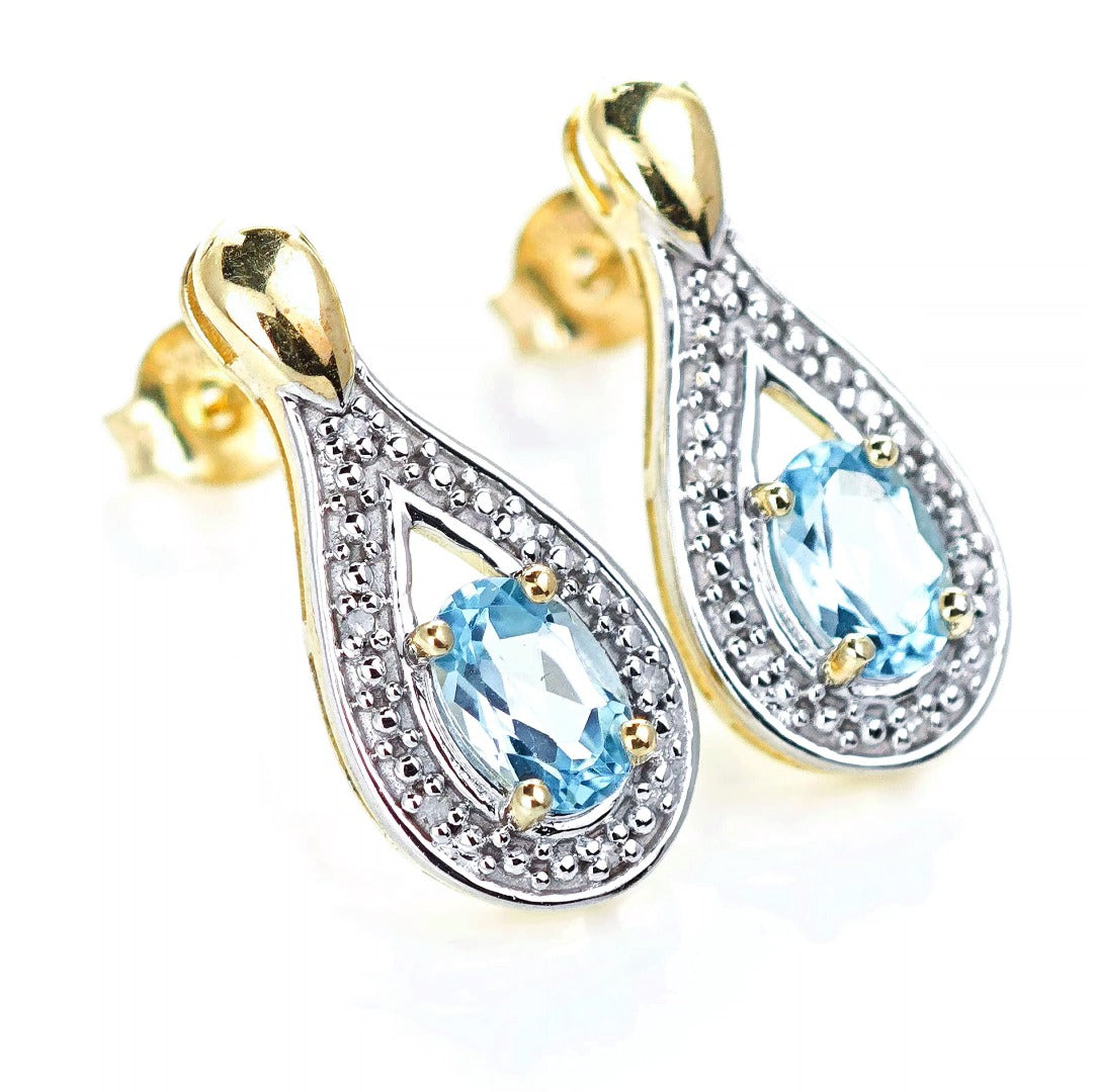 9ct Topaz Diamond Earrings Gold Studs Natural Swiss Blue Gemstones 0.94ct