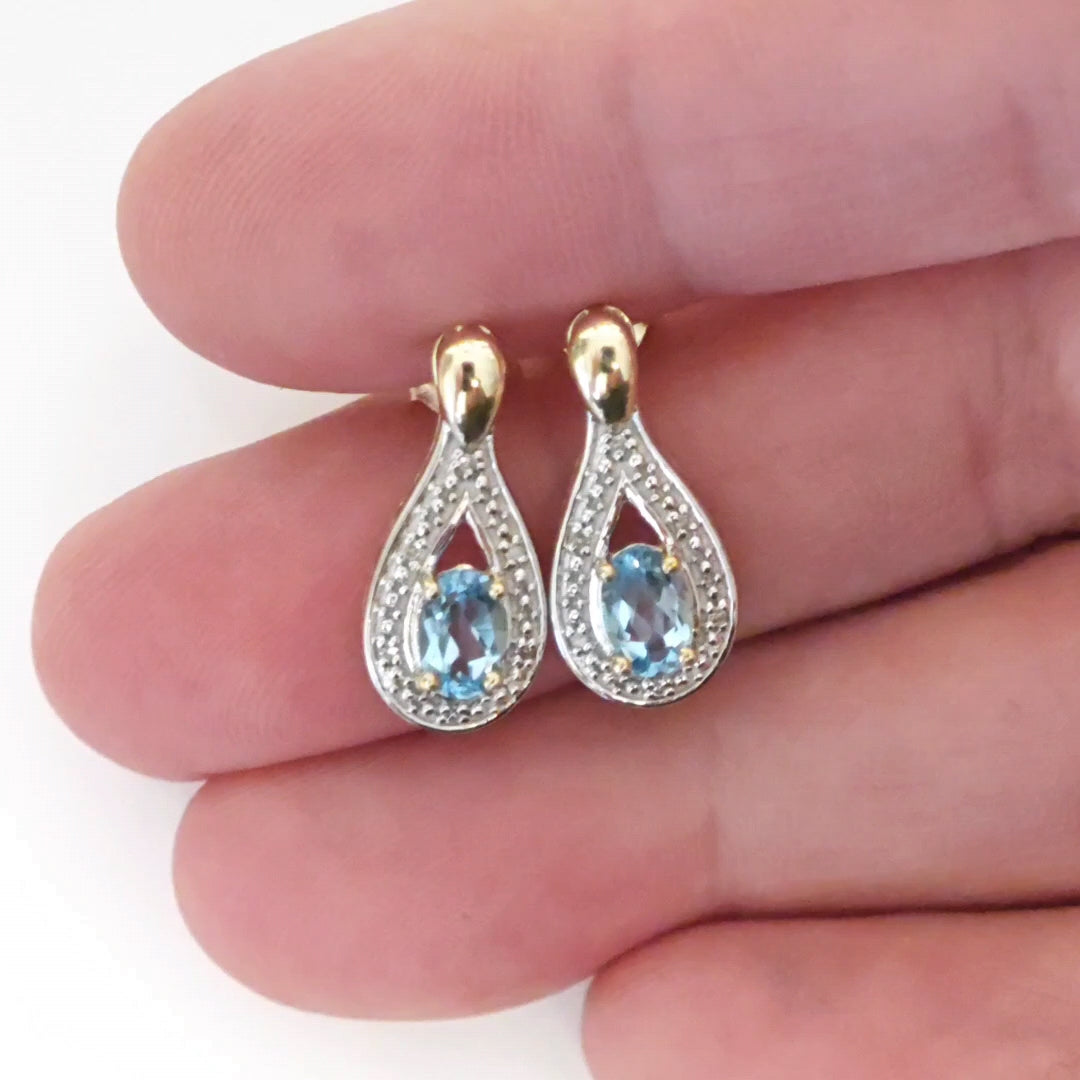 9ct Topaz Diamond Earrings Gold Studs Natural Swiss Blue Gemstones 0.94ct