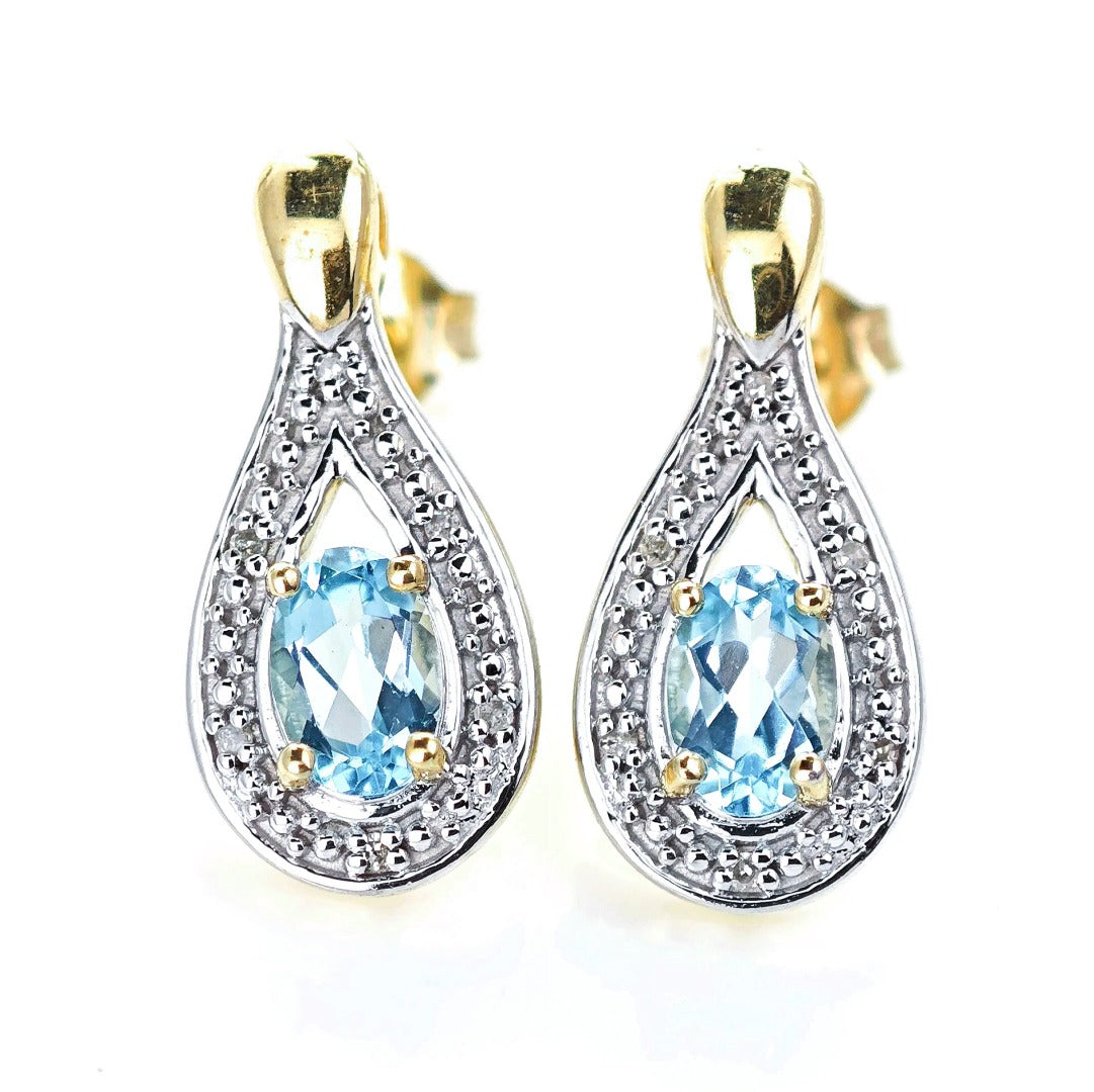 9ct Topaz Diamond Earrings Gold Studs Natural Swiss Blue Gemstones 0.94ct