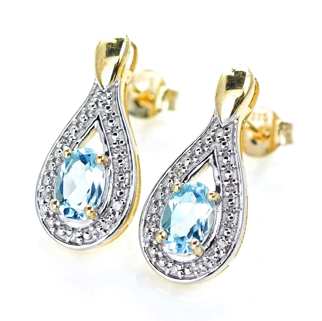 9ct Topaz Diamond Earrings Gold Studs Natural Swiss Blue Gemstones 0.94ct
