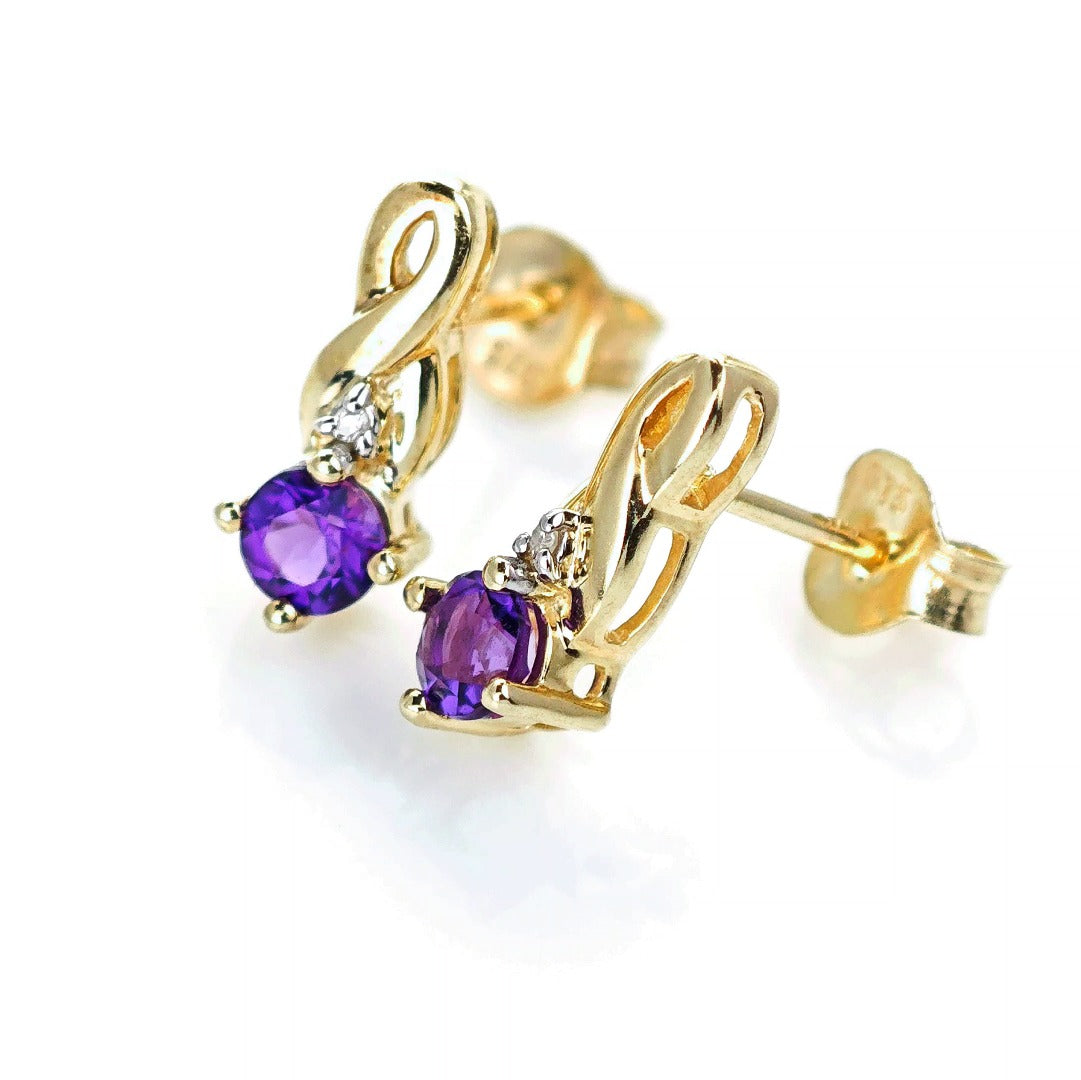 9ct Amethyst Diamond Earrings Gold Studs Natural Gemstones 0.80ct