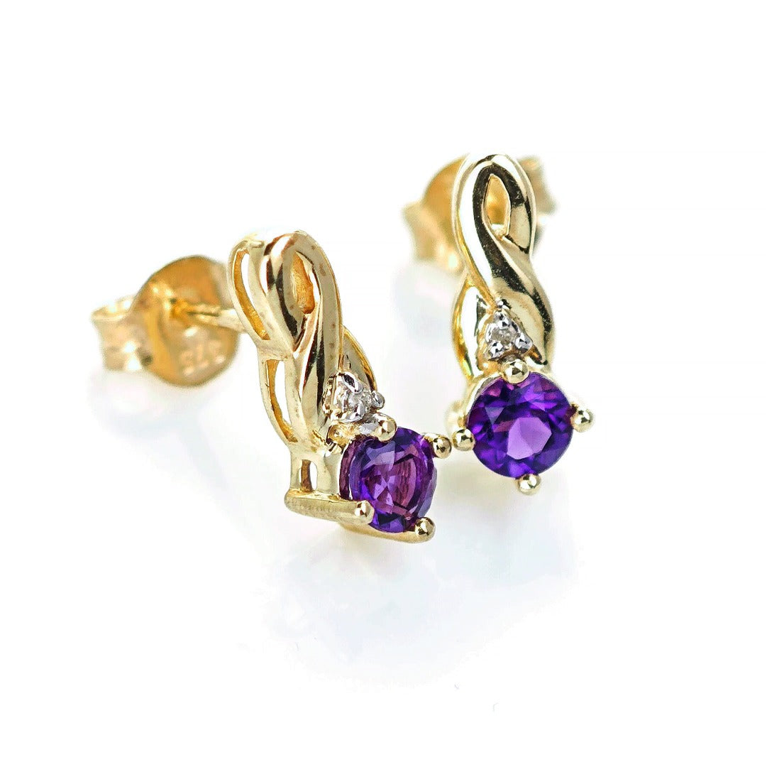 9ct Amethyst Diamond Earrings Gold Studs Natural Gemstones 0.80ct