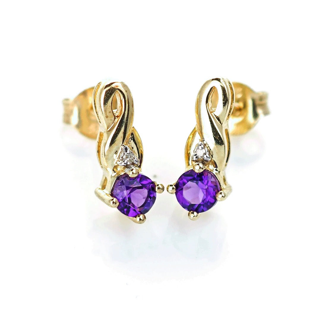 9ct Amethyst Diamond Earrings Gold Studs Natural Gemstones 0.80ct