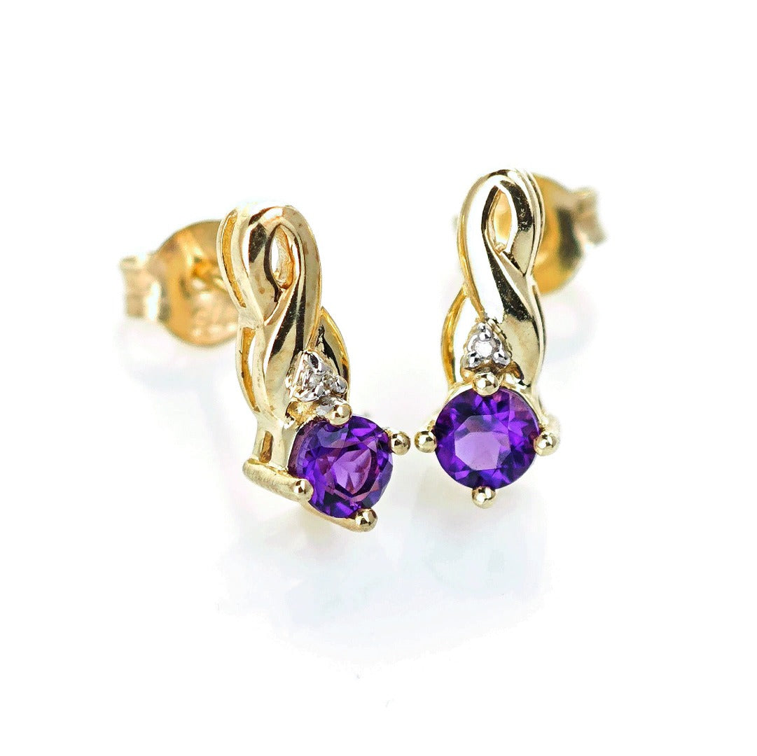 9ct Amethyst Diamond Earrings Gold Studs Natural Gemstones 0.80ct