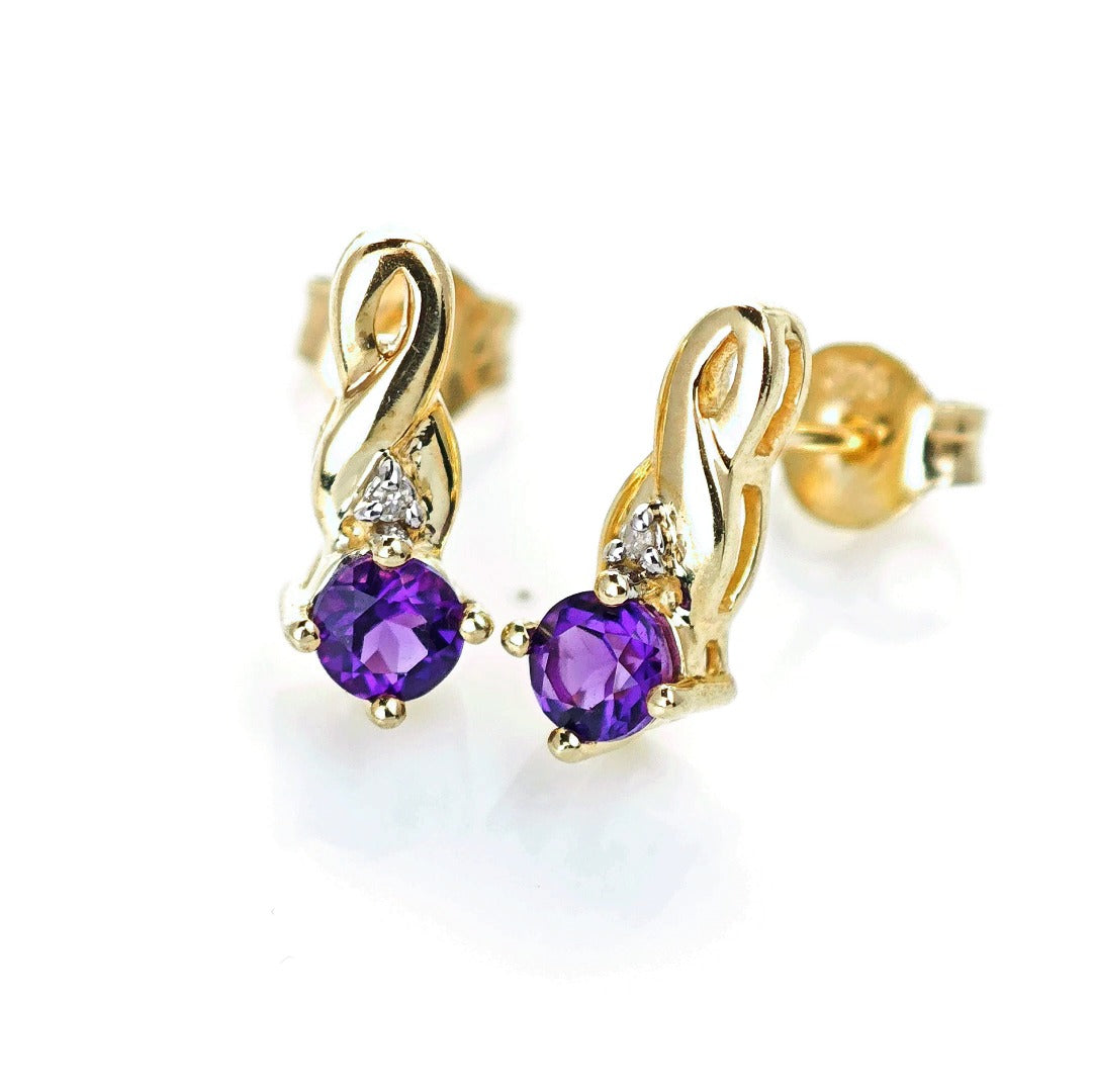 9ct Amethyst Diamond Earrings Gold Studs Natural Gemstones 0.80ct