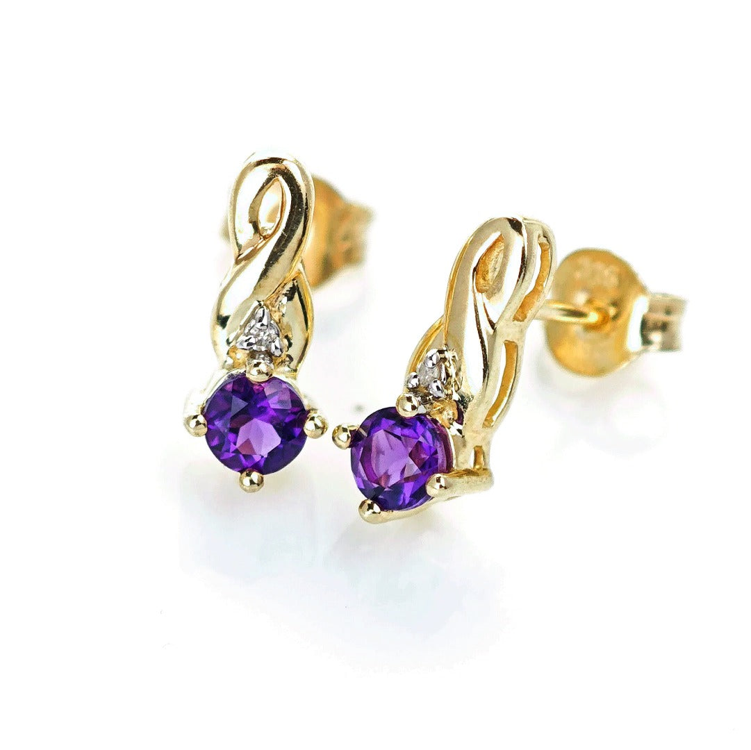 9ct Amethyst Diamond Earrings Gold Studs Natural Gemstones 0.80ct
