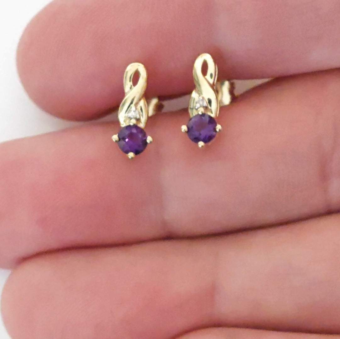 9ct Amethyst Diamond Earrings Gold Studs Natural Gemstones 0.80ct