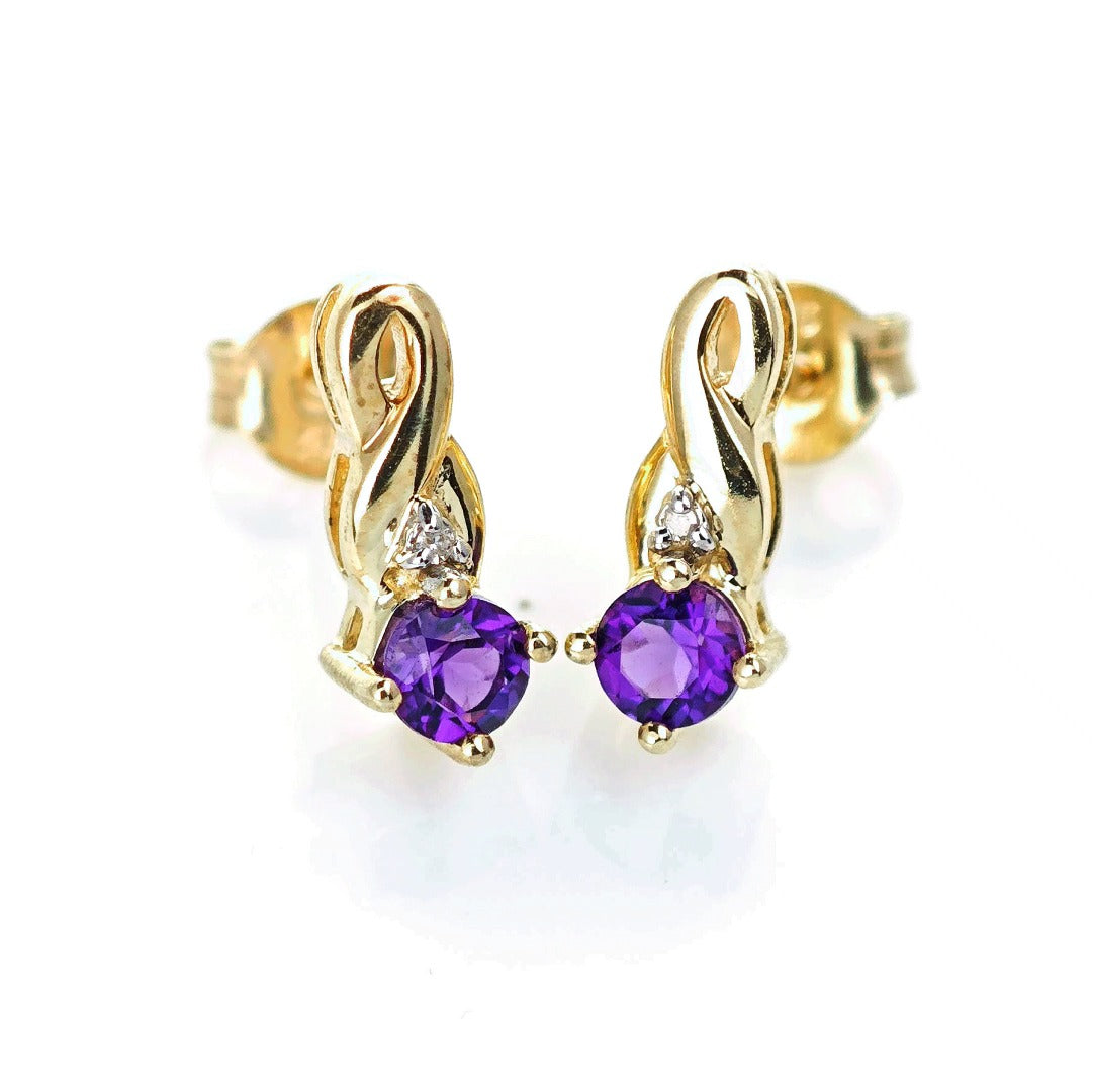 9ct Amethyst Diamond Earrings Gold Studs Natural Gemstones 0.80ct