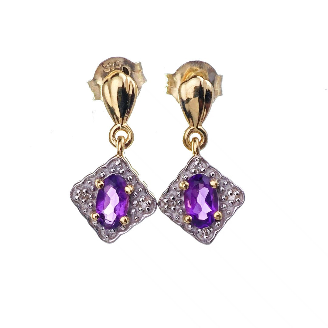 9ct Amethyst Diamond Dangle Earrings Gold Studs Natural Purple Gemstones 0.40ct
