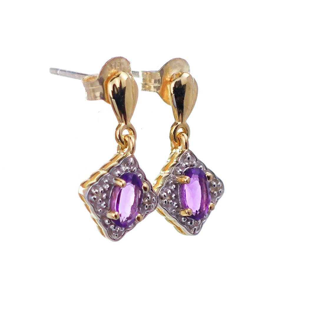 9ct Amethyst Diamond Dangle Earrings Gold Studs Natural Purple Gemstones 0.40ct