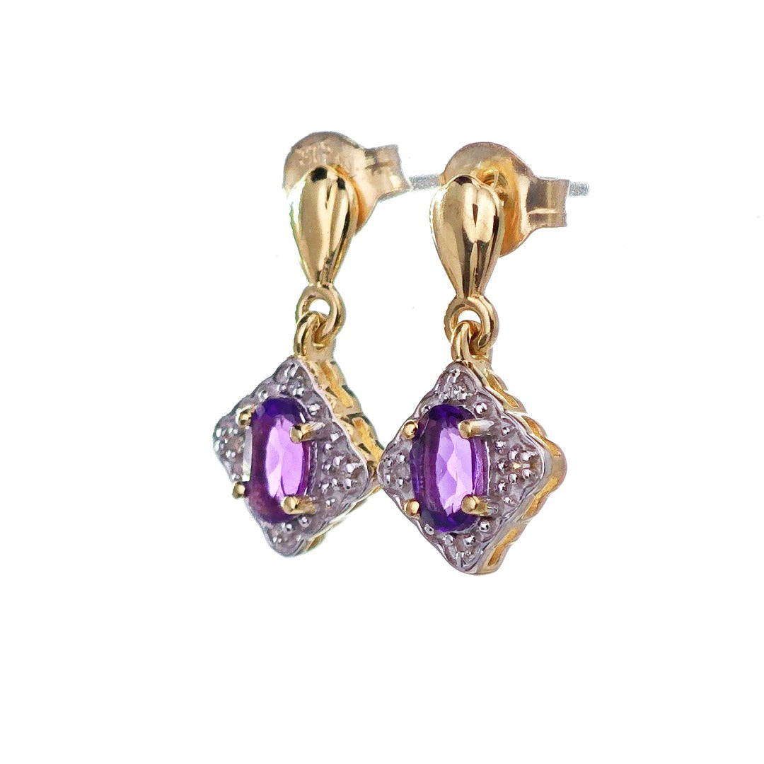 9ct Amethyst Diamond Dangle Earrings Gold Studs Natural Purple Gemstones 0.40ct