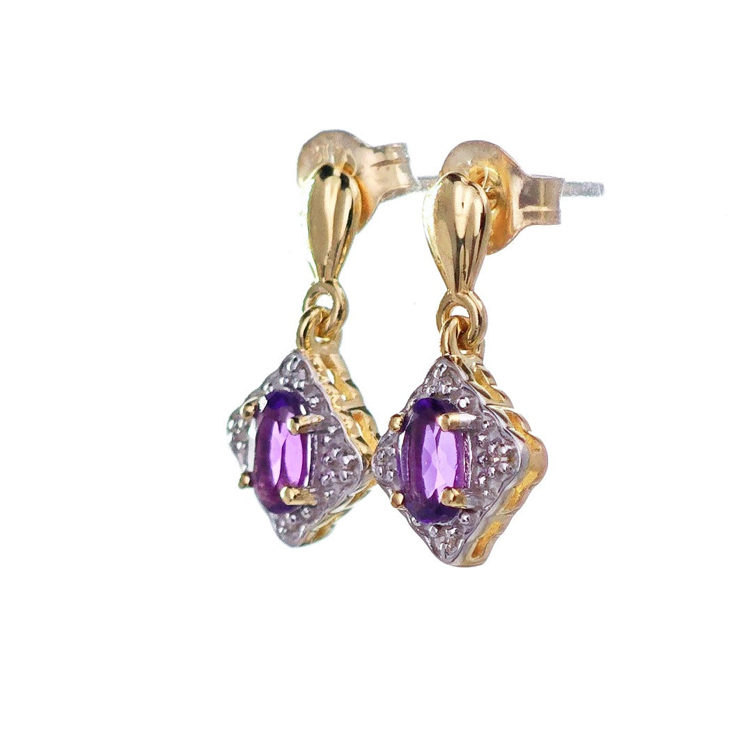 9ct Amethyst Diamond Dangle Earrings Gold Studs Natural Purple Gemstones 0.40ct