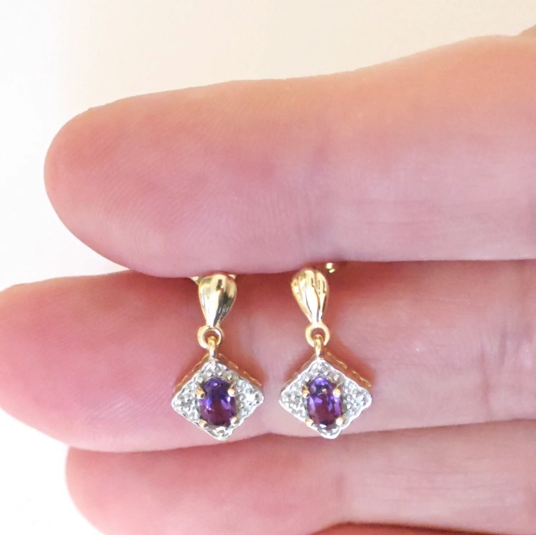 9ct Amethyst Diamond Dangle Earrings Gold Studs Natural Purple Gemstones 0.40ct