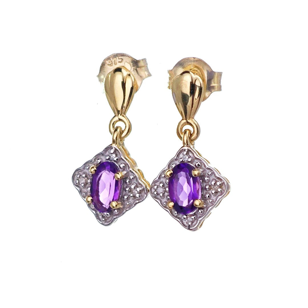 9ct Amethyst Diamond Dangle Earrings Gold Studs Natural Purple Gemstones 0.40ct