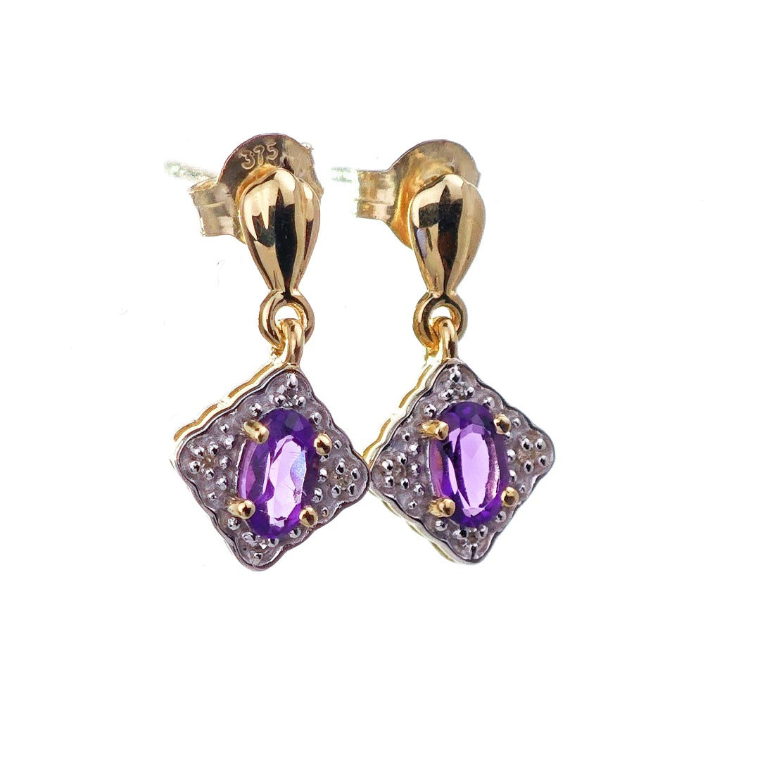 9ct Amethyst Diamond Dangle Earrings Gold Studs Natural Purple Gemstones 0.40ct