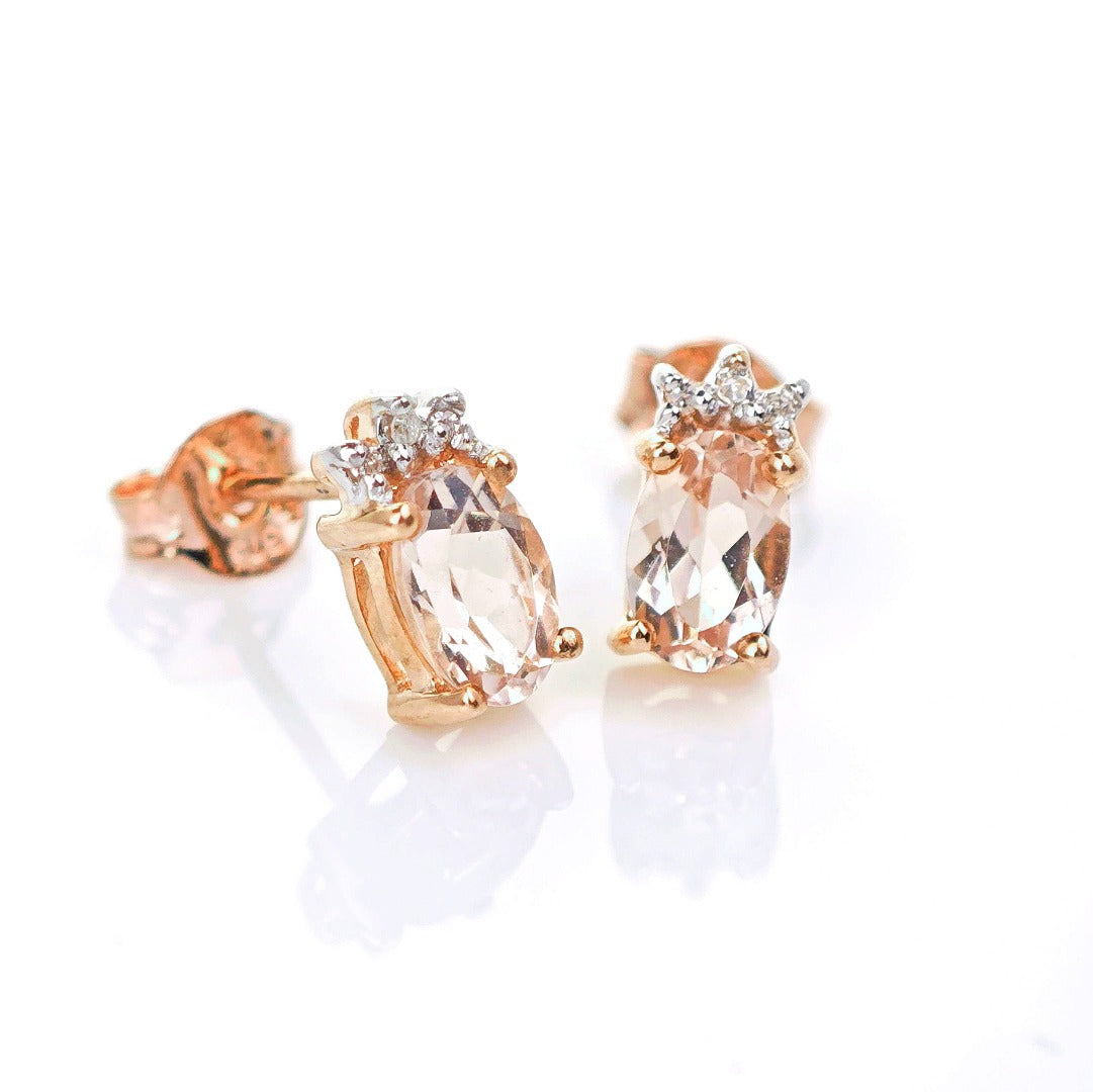 9ct Morganite Diamond Earrings Studs Rose Gold Pink 0.82 ct Natural Gemstone