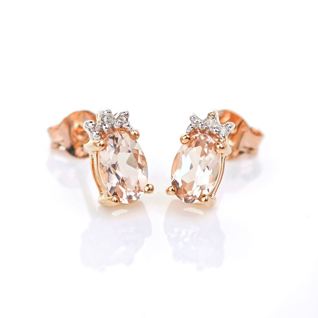 9ct Morganite Diamond Earrings Studs Rose Gold Pink 0.82 ct Natural Gemstone