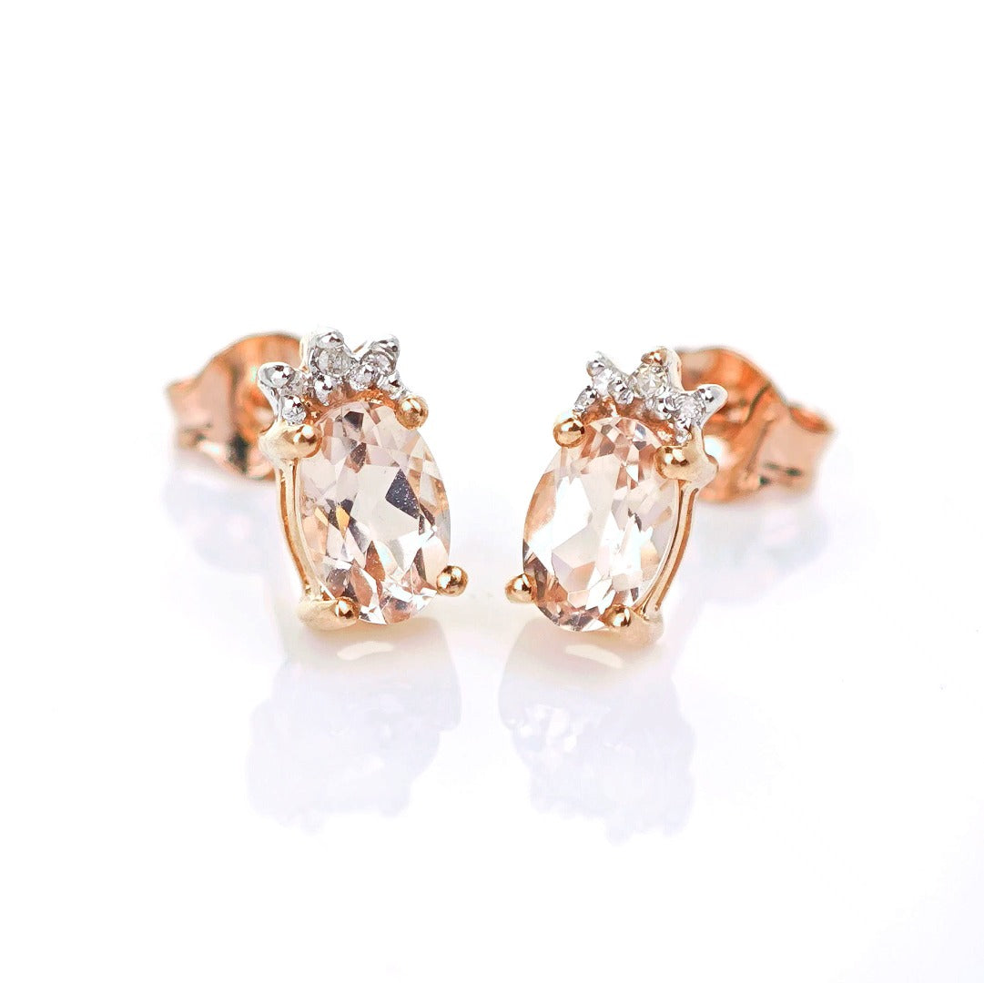 9ct Morganite Diamond Earrings Studs Rose Gold Pink 0.82 ct Natural Gemstone