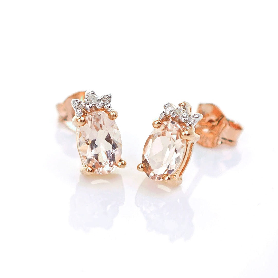 9ct Morganite Diamond Earrings Studs Rose Gold Pink 0.82 ct Natural Gemstone