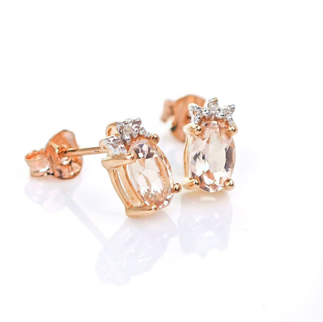 9ct Morganite Diamond Earrings Studs Rose Gold Pink 0.82 ct Natural Gemstone