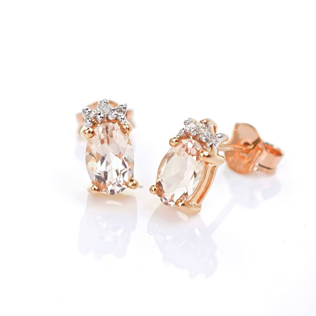 9ct Morganite Diamond Earrings Studs Rose Gold Pink 0.82 ct Natural Gemstone