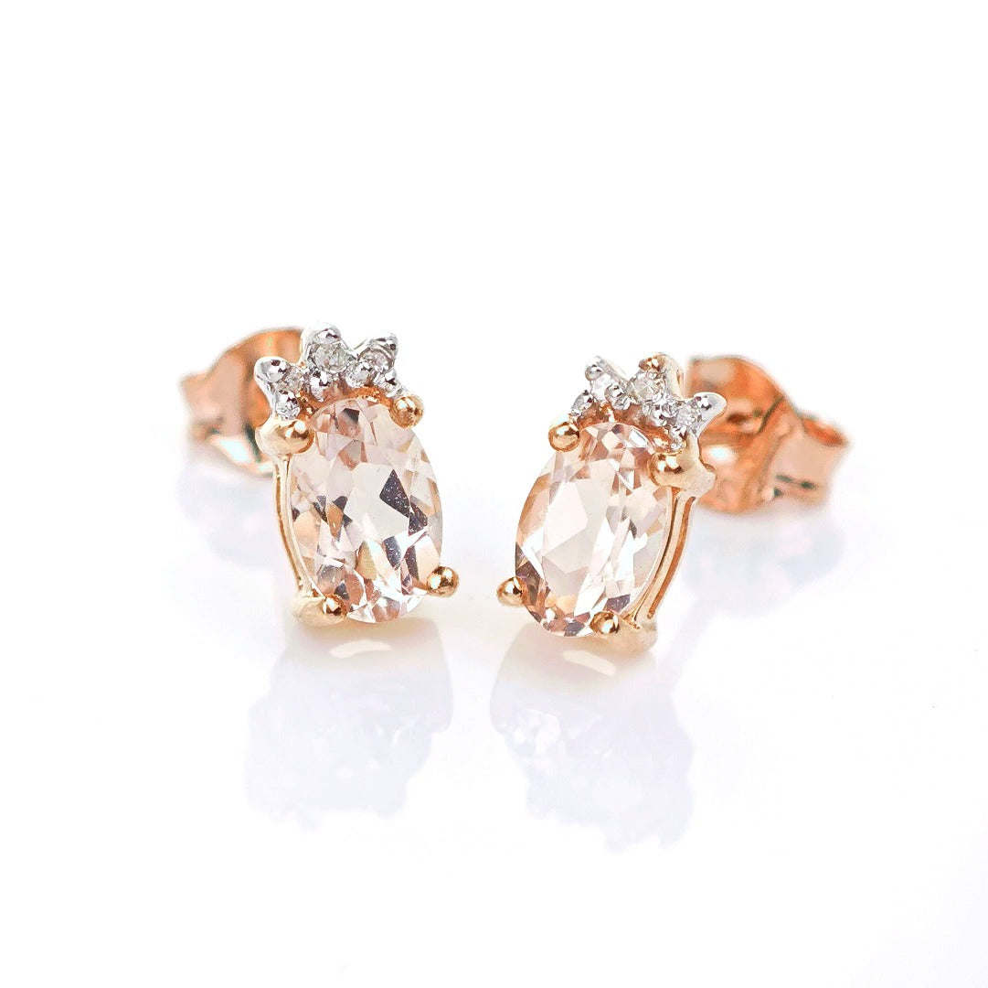 9ct Morganite Diamond Earrings Studs Rose Gold Pink 0.82 ct Natural Gemstone