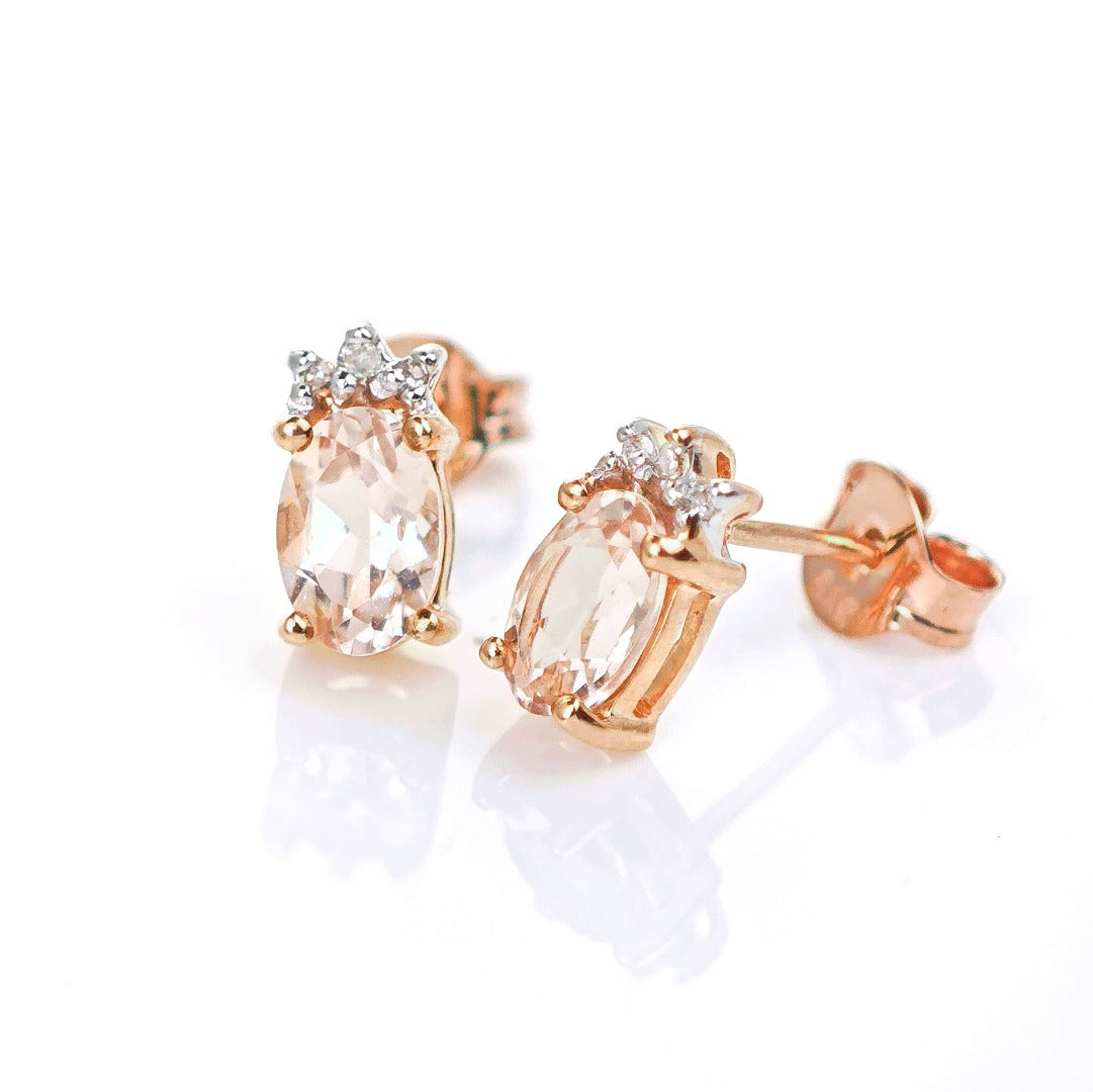 9ct Morganite Diamond Earrings Studs Rose Gold Pink 0.82 ct Natural Gemstone