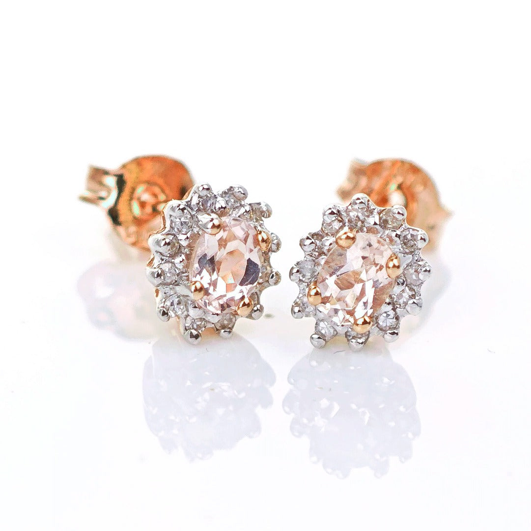 9ct Morganite Diamond Earrings Studs Rose Gold Pink 0.3 ct Natural Gemstonee