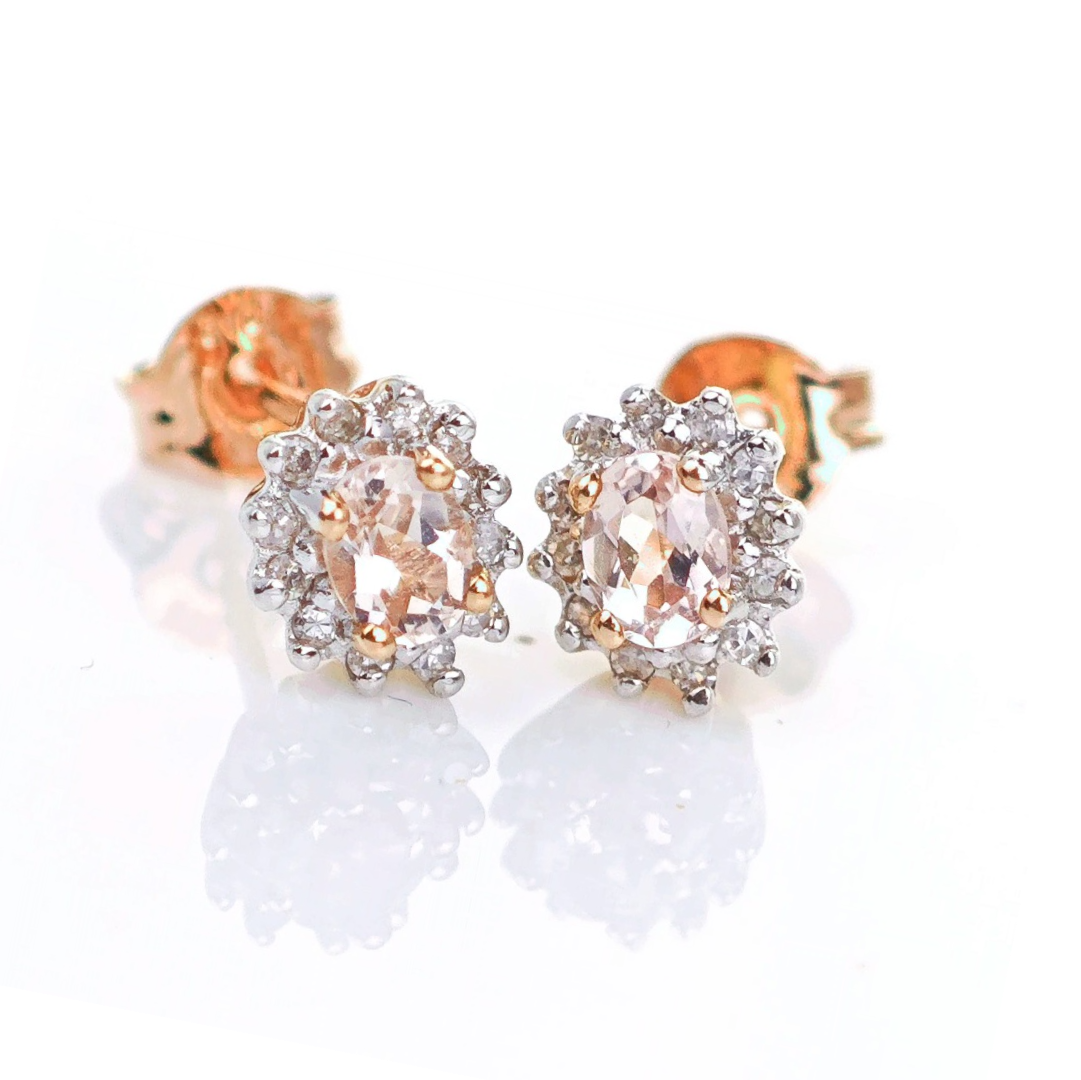9ct Morganite Diamond Earrings Studs Rose Gold Pink 0.3 ct Natural Gemstonee
