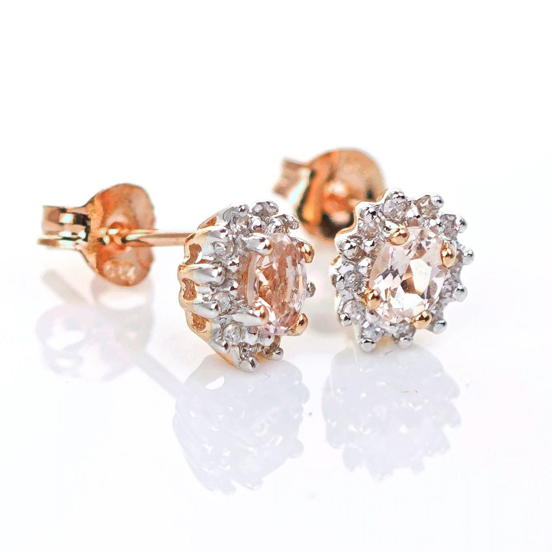 9ct Morganite Diamond Earrings Studs Rose Gold Pink 0.3 ct Natural Gemstonee