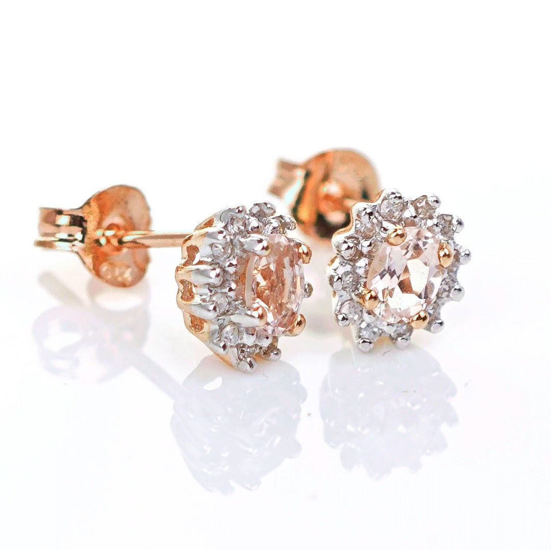 9ct Morganite Diamond Earrings Studs Rose Gold Pink 0.3 ct Natural Gemstonee