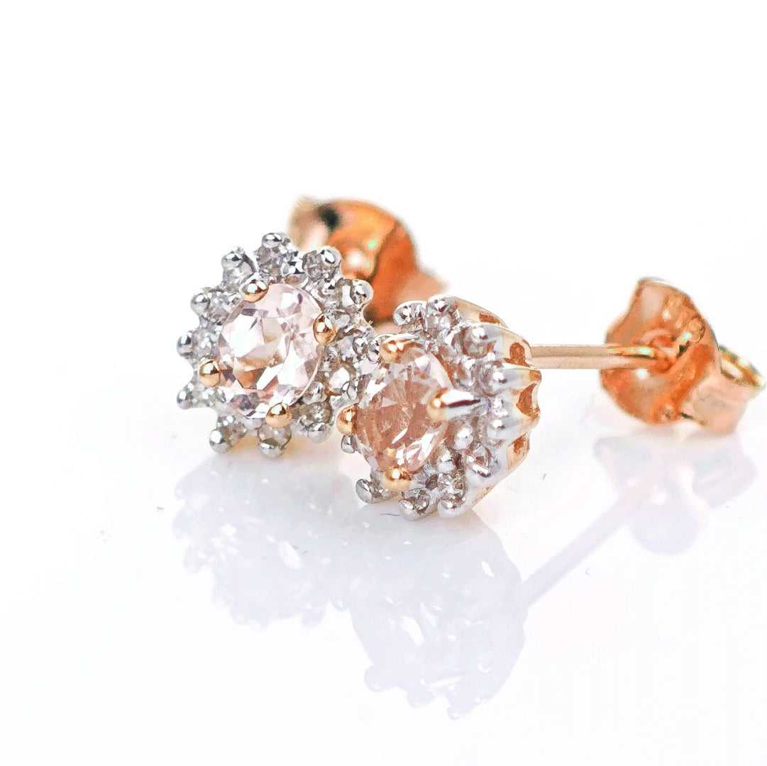 9ct Morganite Diamond Earrings Studs Rose Gold Pink 0.3 ct Natural Gemstonee