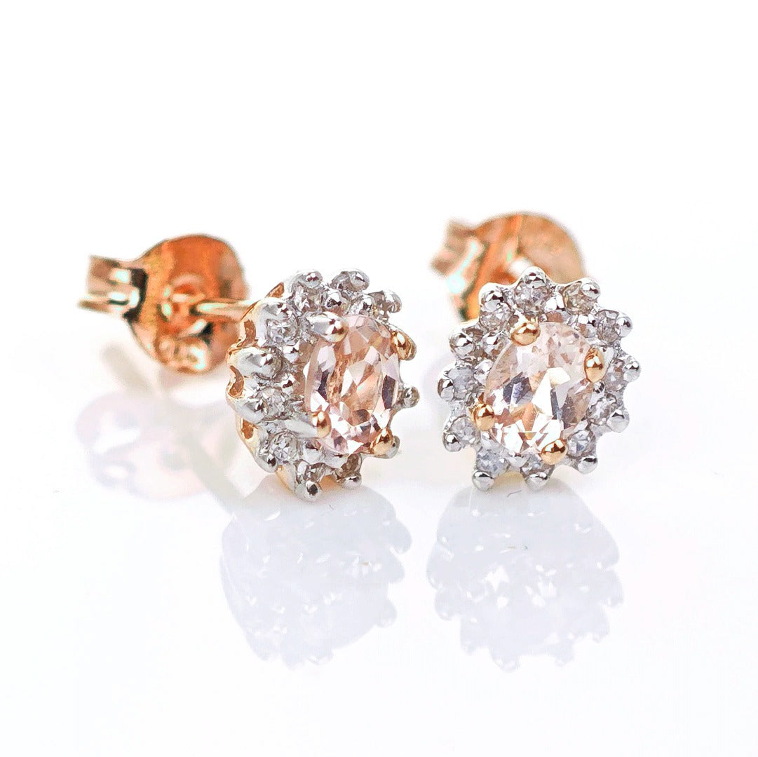 9ct Morganite Diamond Earrings Studs Rose Gold Pink 0.3 ct Natural Gemstonee