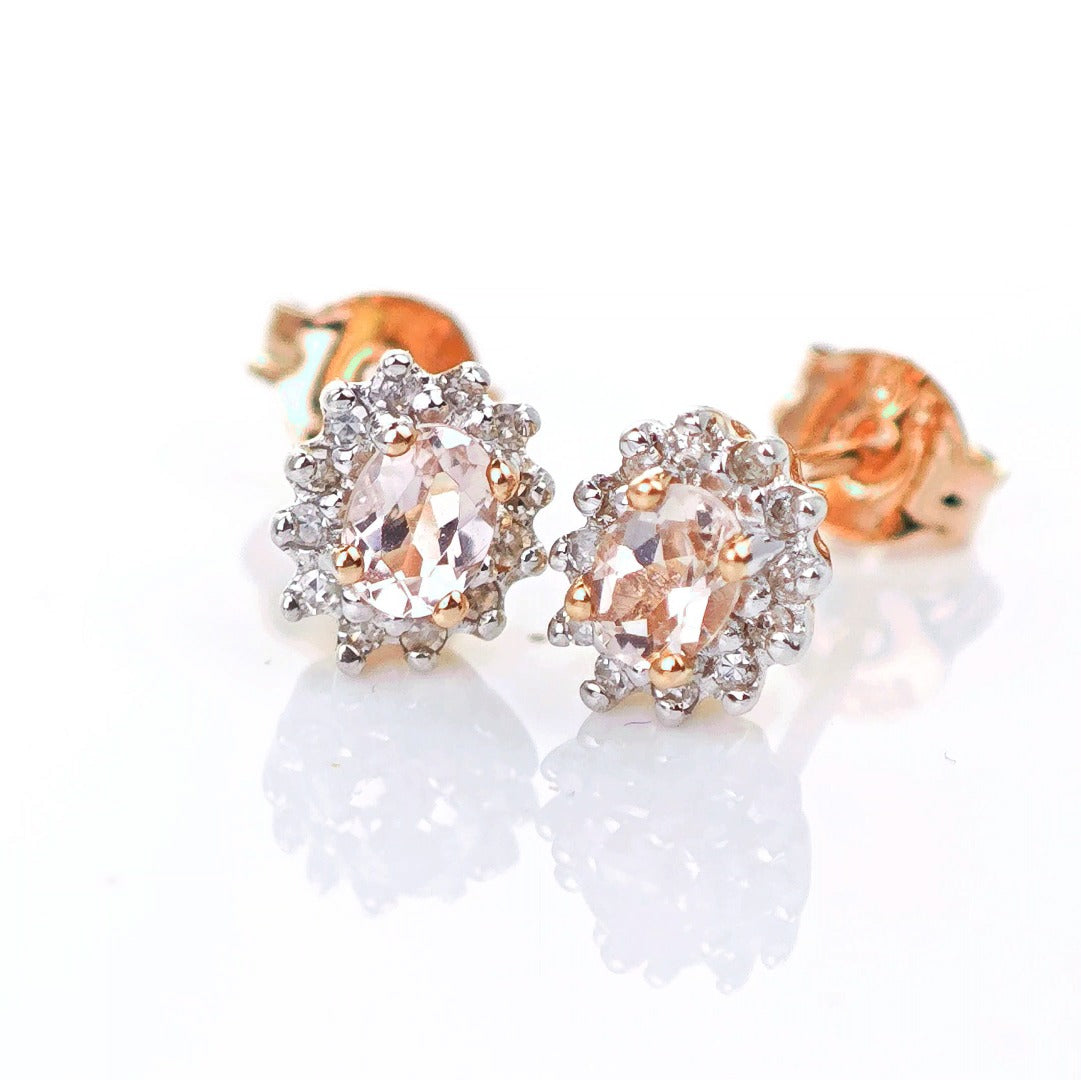 9ct Morganite Diamond Earrings Studs Rose Gold Pink 0.3 ct Natural Gemstonee