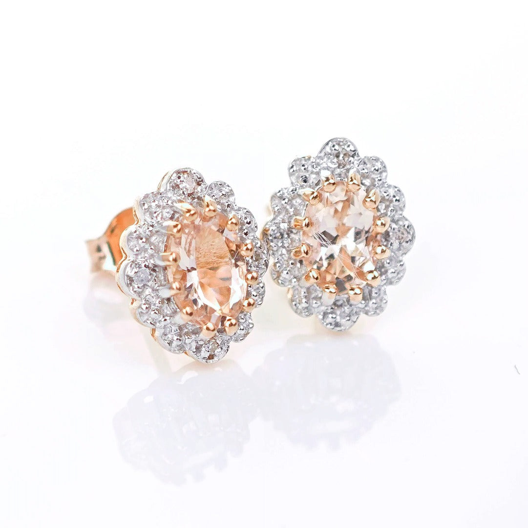 9ct Morganite Diamond Earrings Studs Rose Gold Pink 0.8 ct Natural Gemstonee