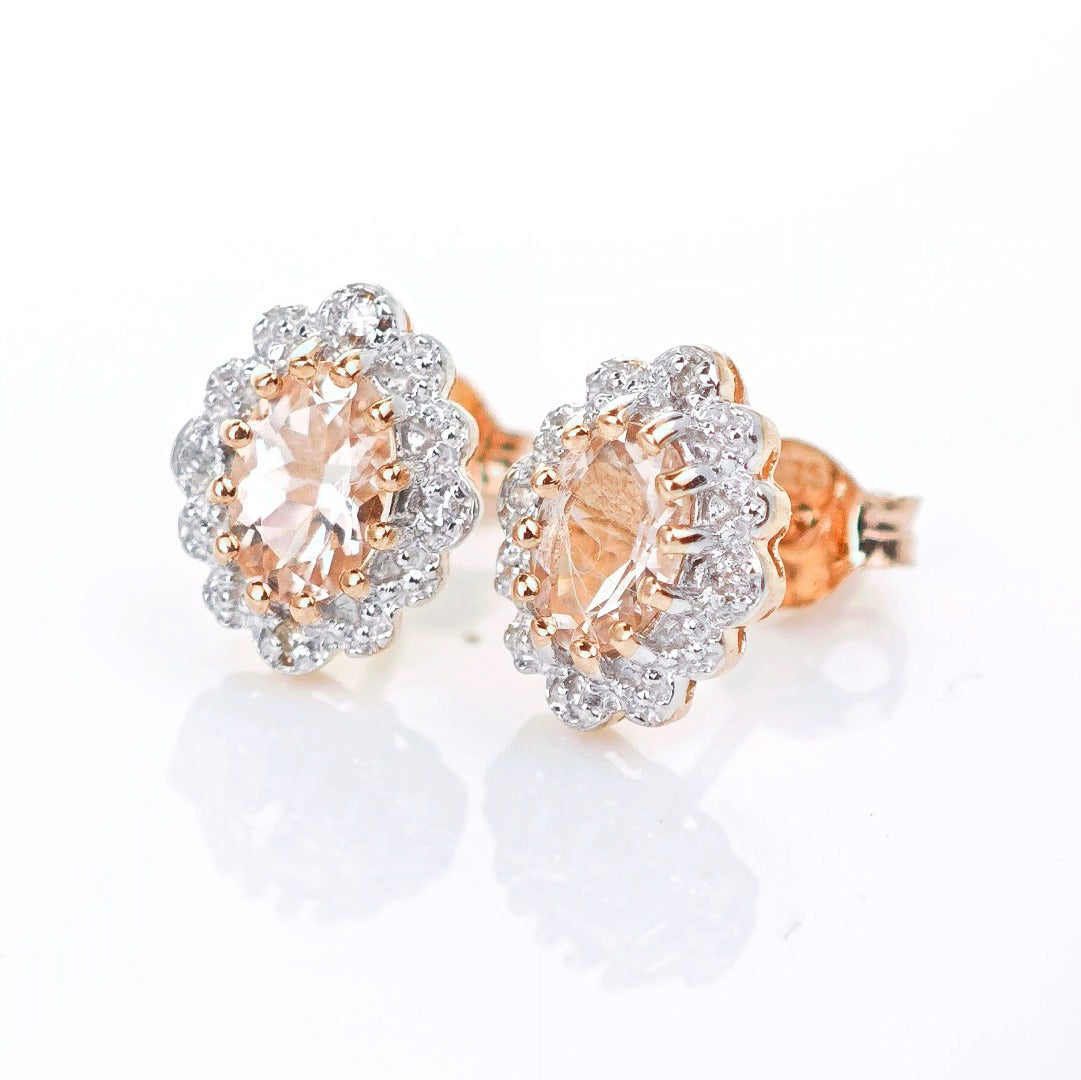 9ct Morganite Diamond Earrings Studs Rose Gold Pink 0.8 ct Natural Gemstonee
