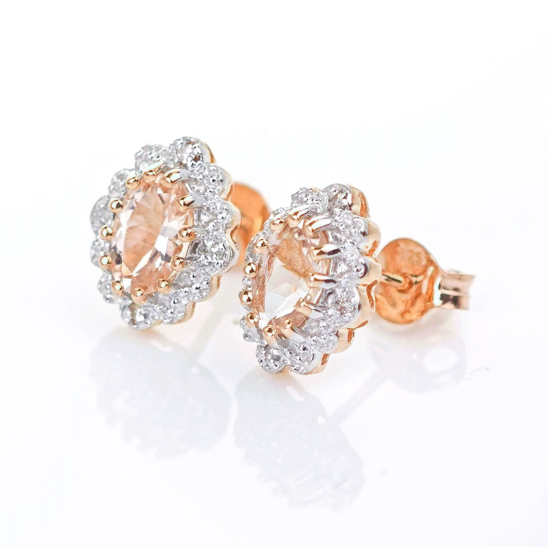 9ct Morganite Diamond Earrings Studs Rose Gold Pink 0.8 ct Natural Gemstonee