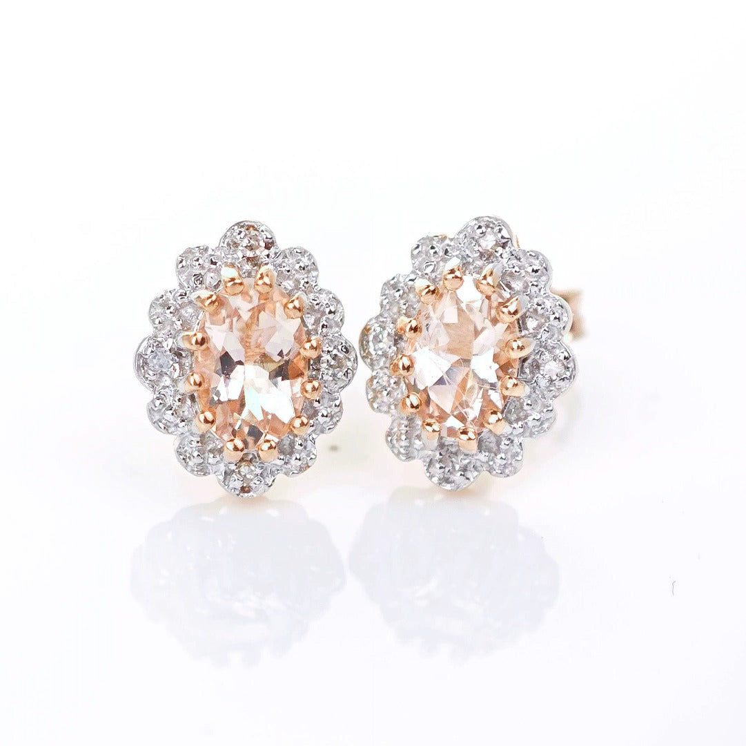 9ct Morganite Diamond Earrings Studs Rose Gold Pink 0.8 ct Natural Gemstonee