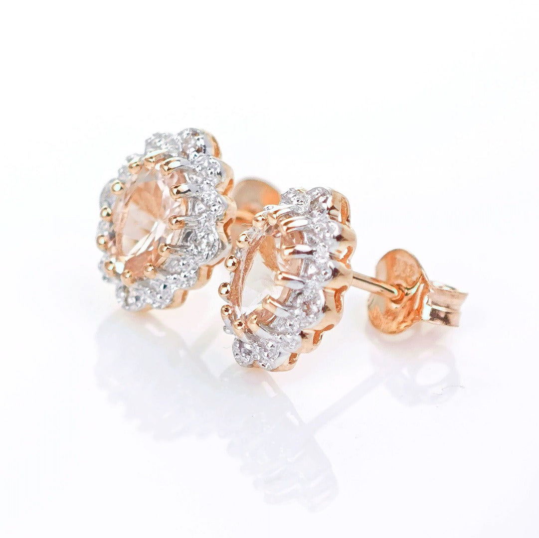 9ct Morganite Diamond Earrings Studs Rose Gold Pink 0.8 ct Natural Gemstonee