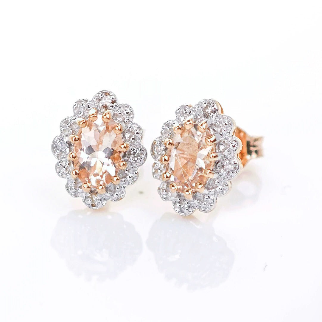 9ct Morganite Diamond Earrings Studs Rose Gold Pink 0.8 ct Natural Gemstonee