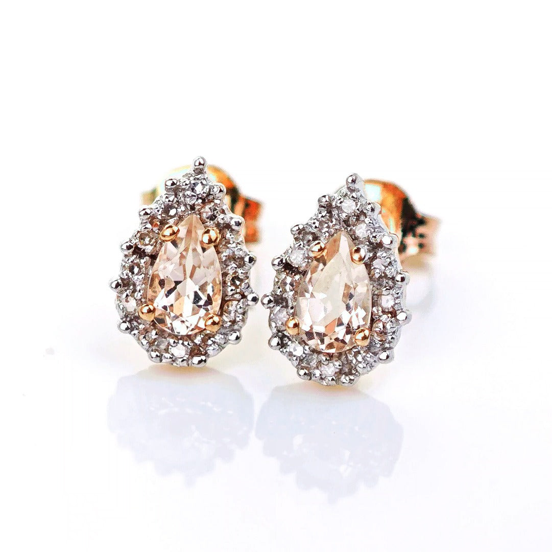 9ct Morganite Diamond Earrings Studs Rose Gold 0.38 ct Natural Pink Gemstone