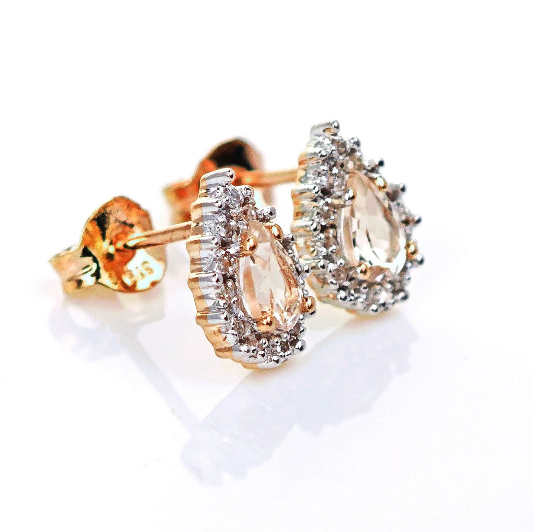 9ct Morganite Diamond Earrings Studs Rose Gold 0.38 ct Natural Pink Gemstone