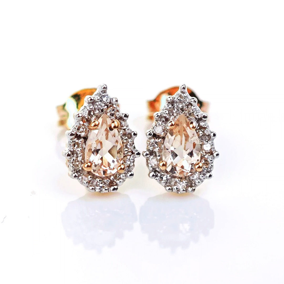 9ct Morganite Diamond Earrings Studs Rose Gold 0.38 ct Natural Pink Gemstone