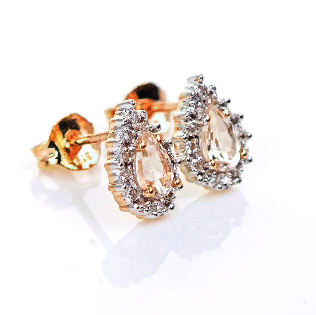 9ct Morganite Diamond Earrings Studs Rose Gold 0.38 ct Natural Pink Gemstone