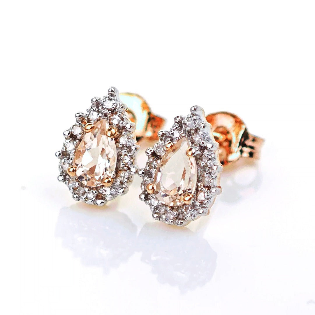 9ct Morganite Diamond Earrings Studs Rose Gold 0.38 ct Natural Pink Gemstone